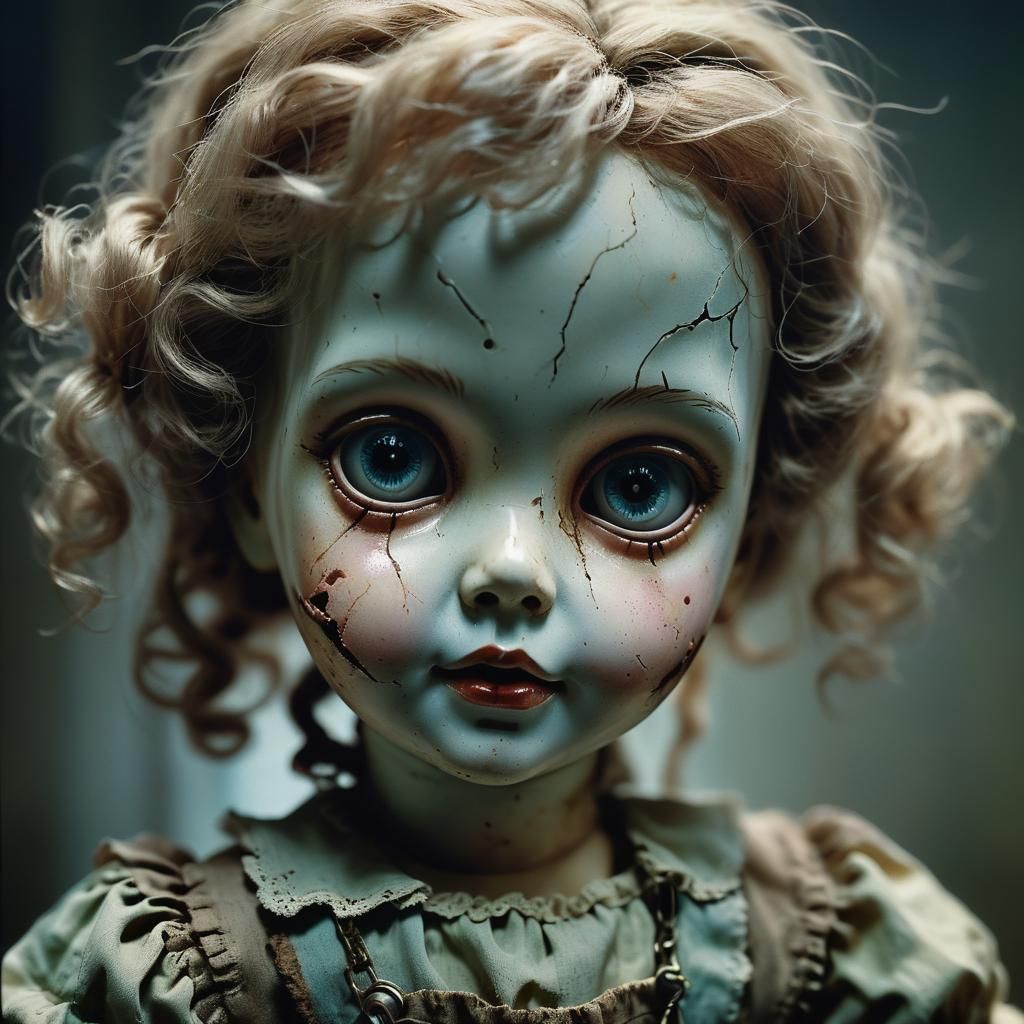 Haunting Porcelain Doll in Dimly Lit Room