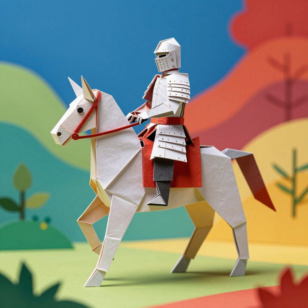 Origami of a knight on a steed.  Vibrant colors.