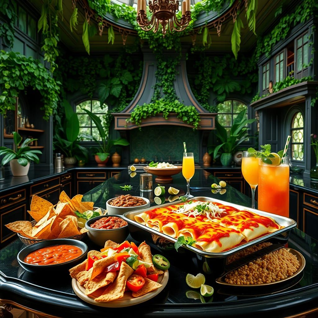Lush Jungle Kitchen Displaying Mexican Feast
