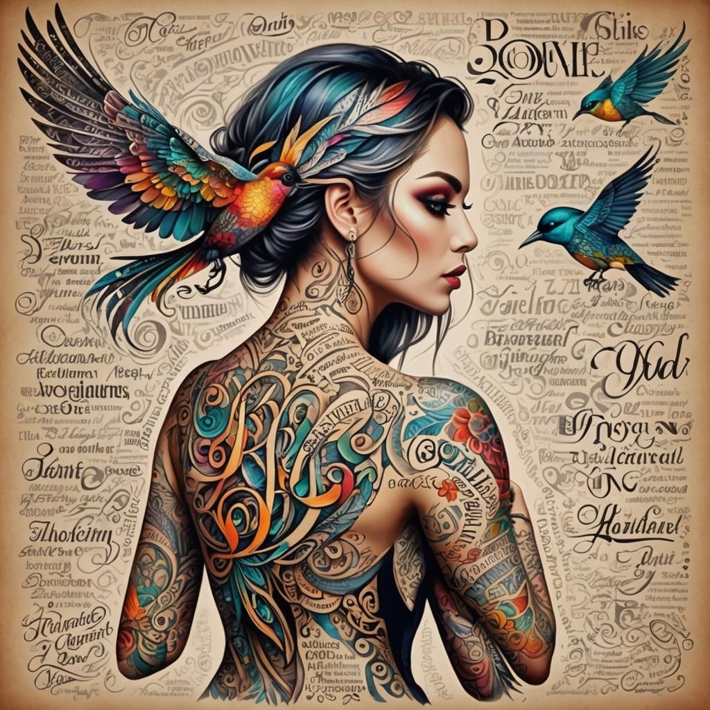 Colorful Fantasy Typography: "BIRD" Word Art Tattoo