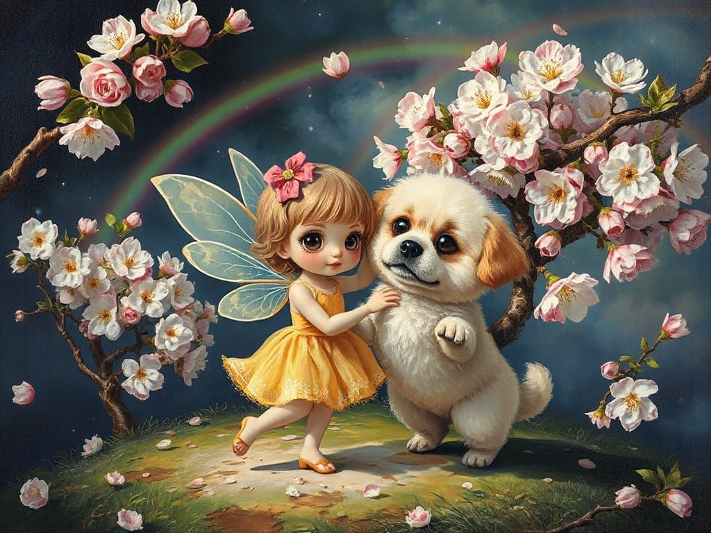 Chibi Fairy and Puppy Dance in Surreal Orchard