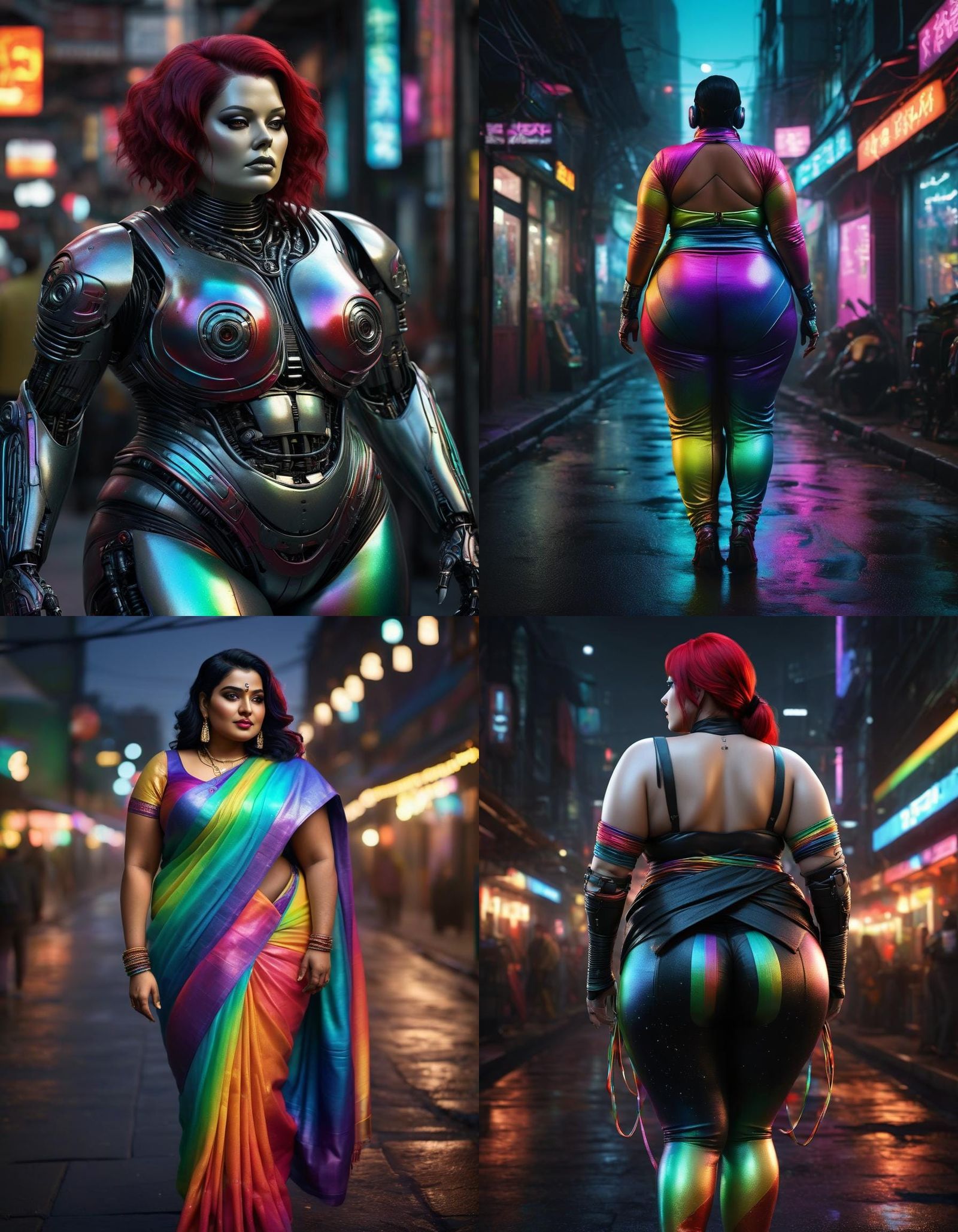 Hyperrealistic Curvy Figure in Rainbow Saree