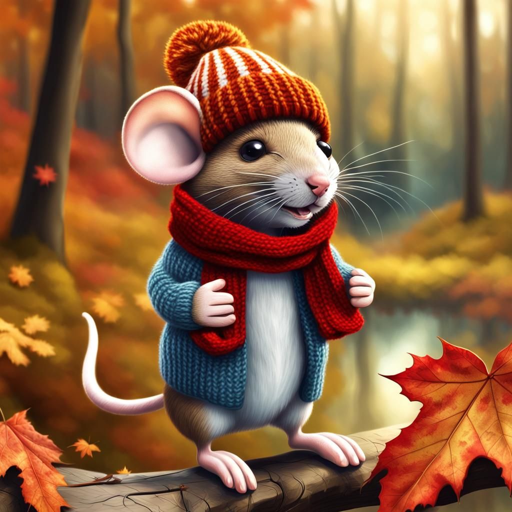 Mouse in Autumn Forest with Maple Leaf