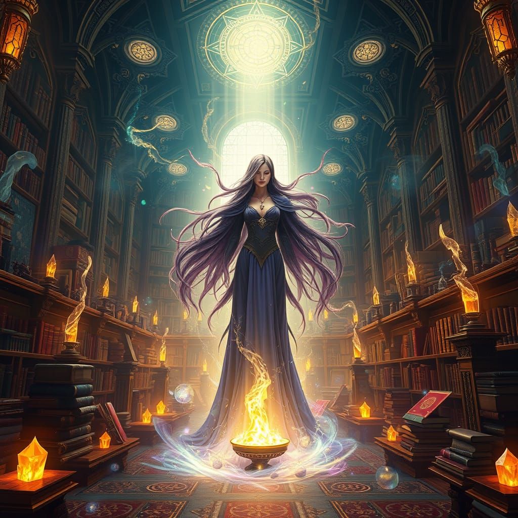 Enchanting Library with Sorceress, Hyperrealistic Fantasy Ar...