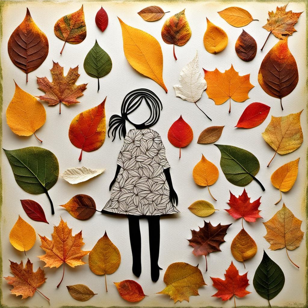 Joyful Girl in Autumn Leaves: Glued Paper Art