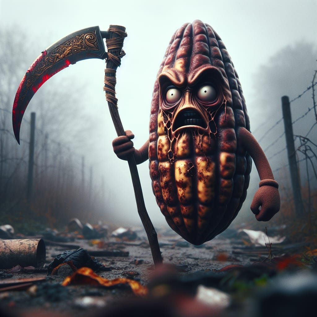 Dystopian Cocoa Bean Mascot with Scythe in Grungy Setting