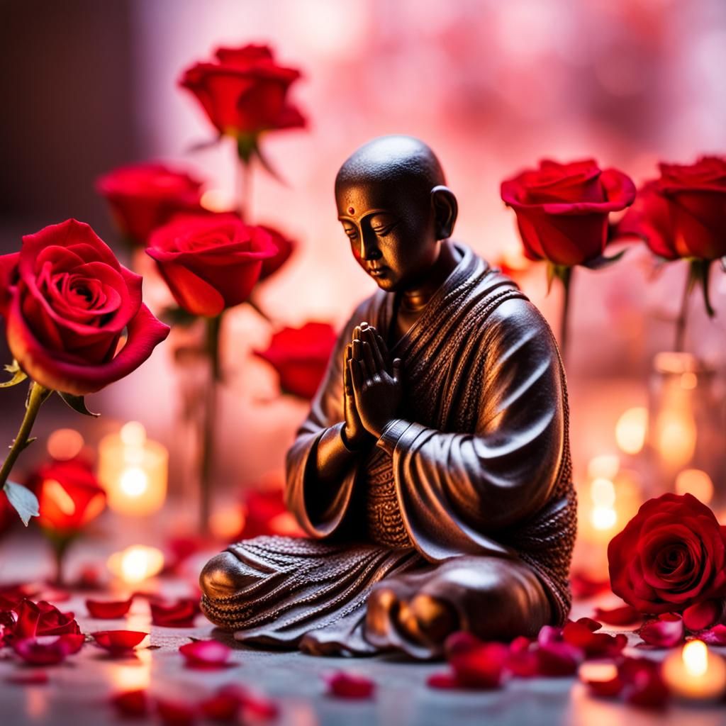 Glass Monk with Rose Petals: Still Life Photography