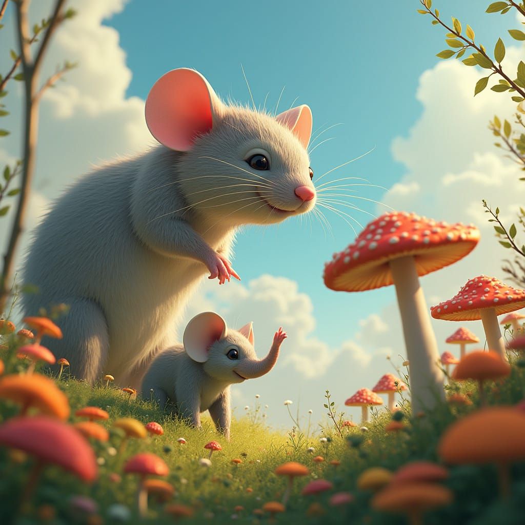 Whimsical World of Giant Mice and Tiny Elephants in Vibrant....