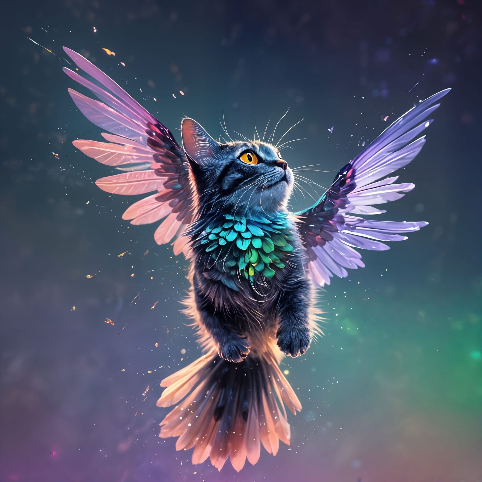 Iridescent Feline Avian Hybrid Takes Flight