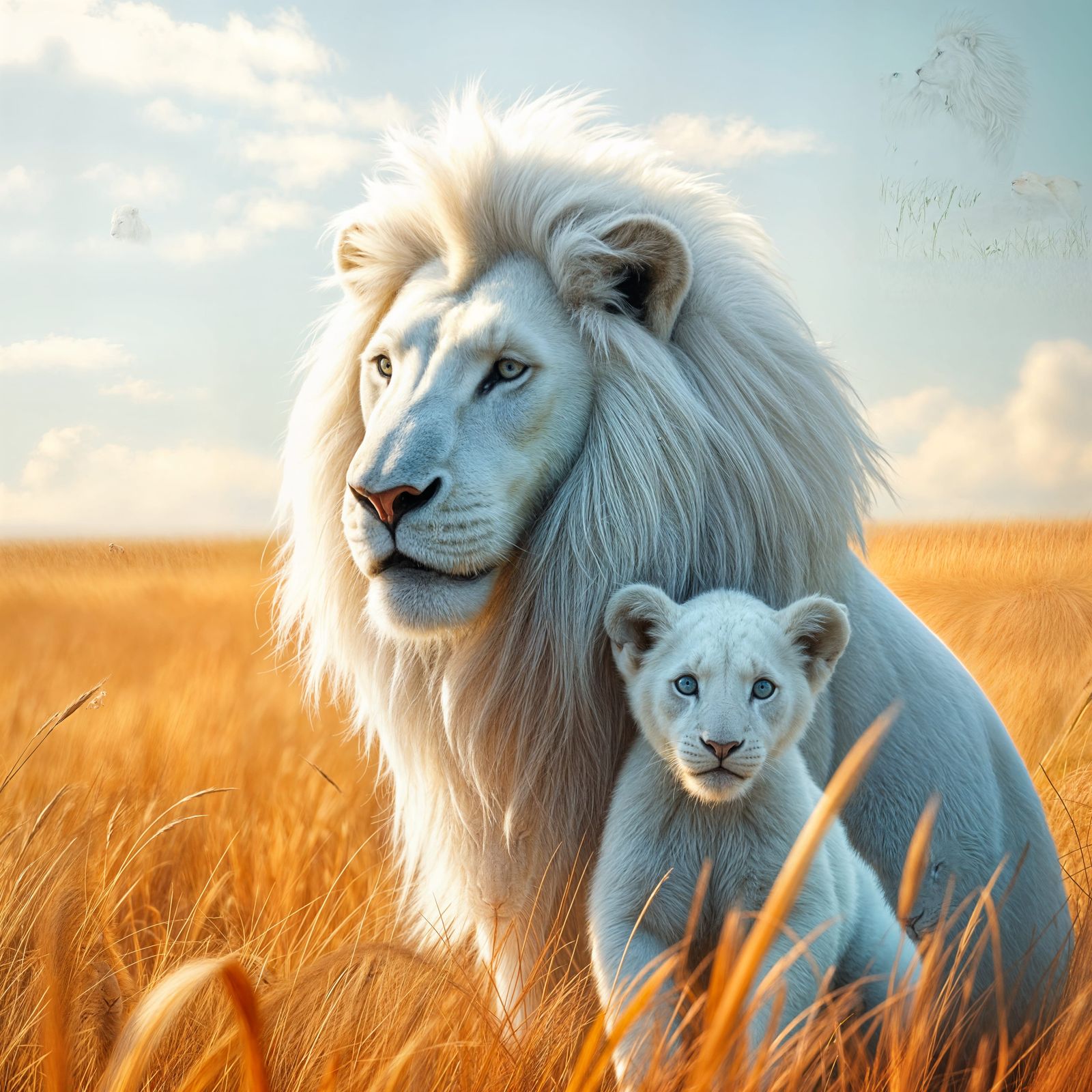 Regal White Lion and Cub in a Serene Savannah Landscape, Det...