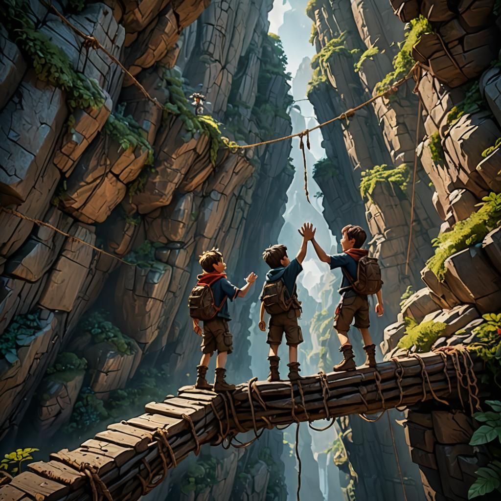 Victorious Boys High-Five on Rope Bridge