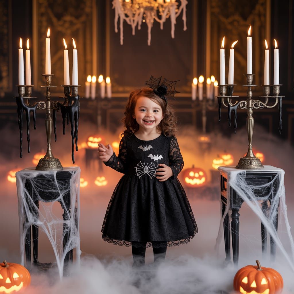 Spooky Birthday Ball: Girl in Lace Dress Amidst Eerie Decor