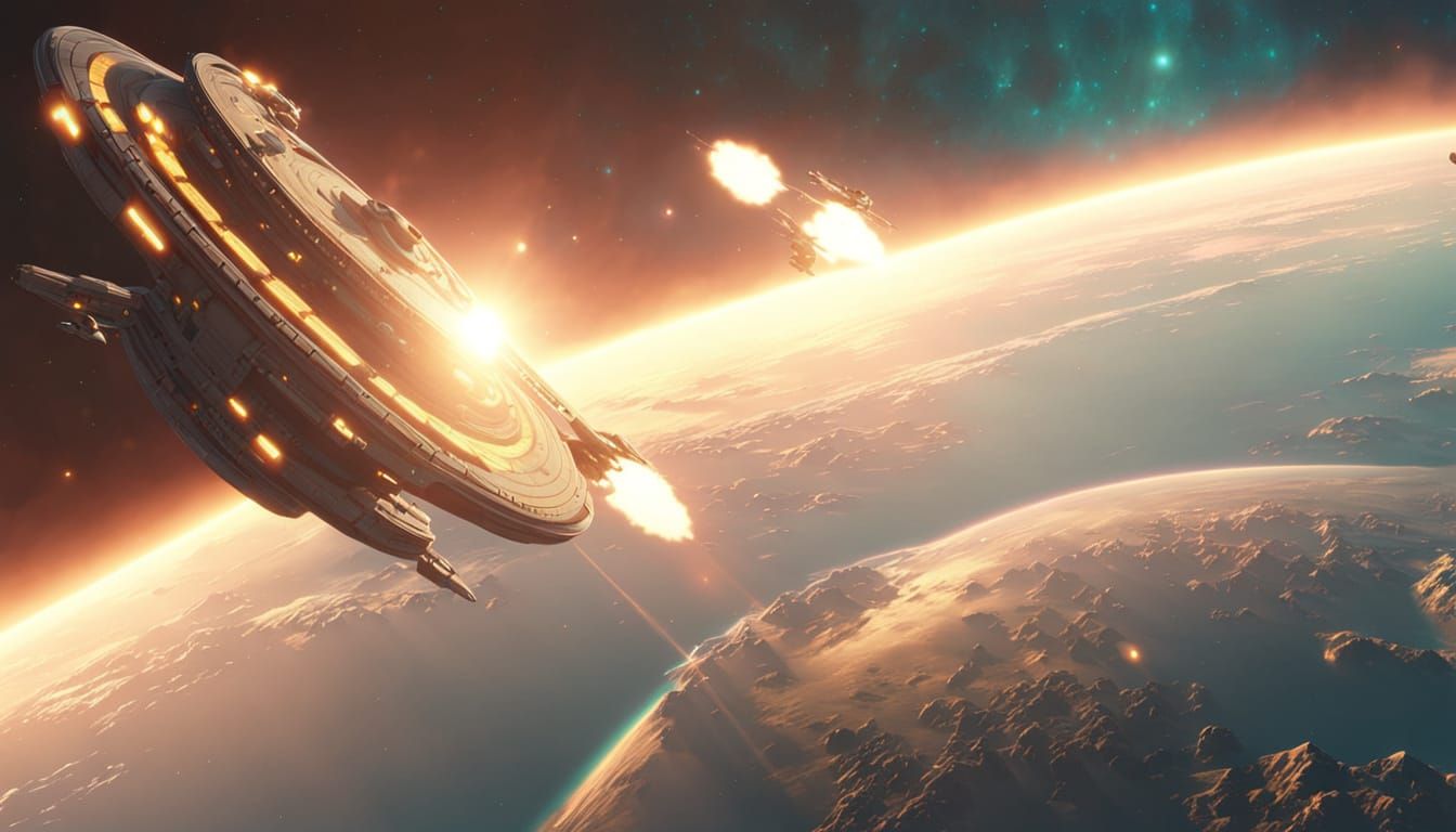 Star Squadron Orbiting Planet in Sci-Fi Artstyle