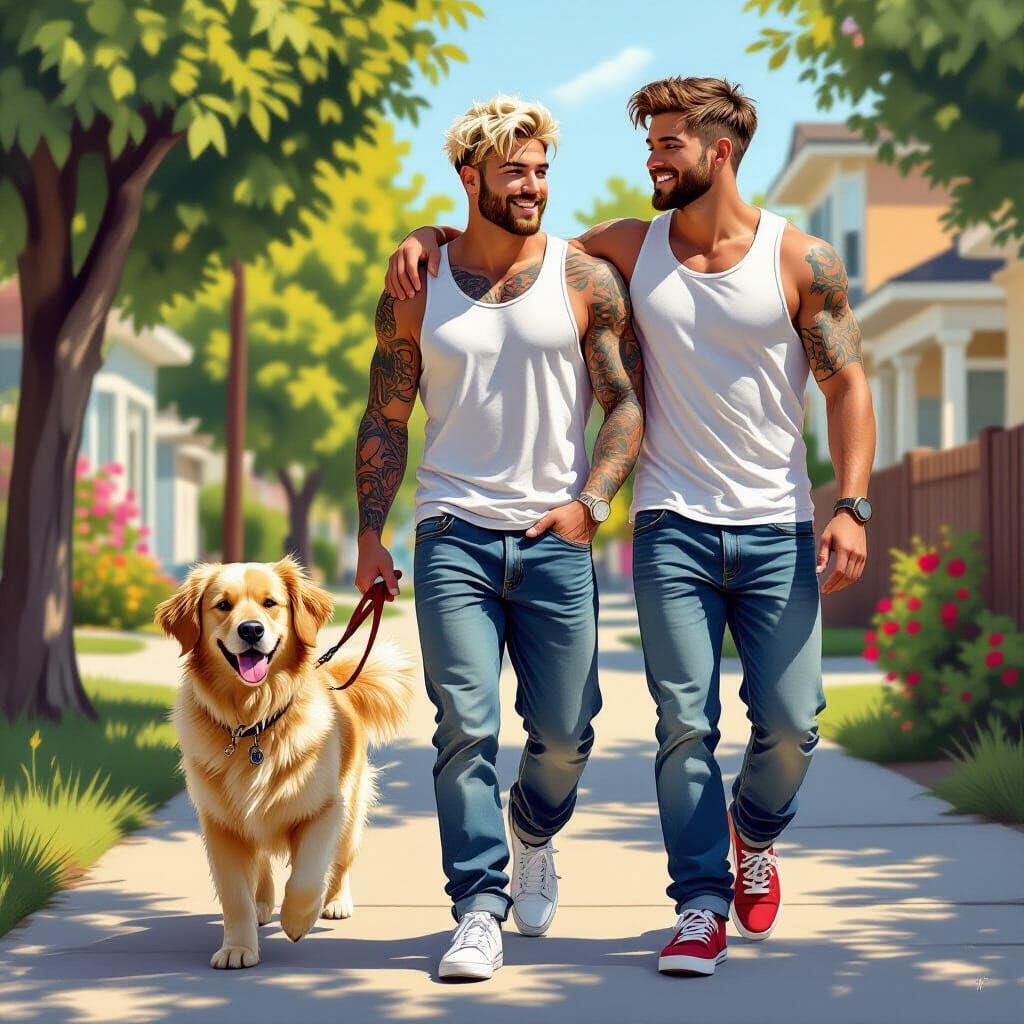 Athletic Gay Couple Walking Dog in Suburbia