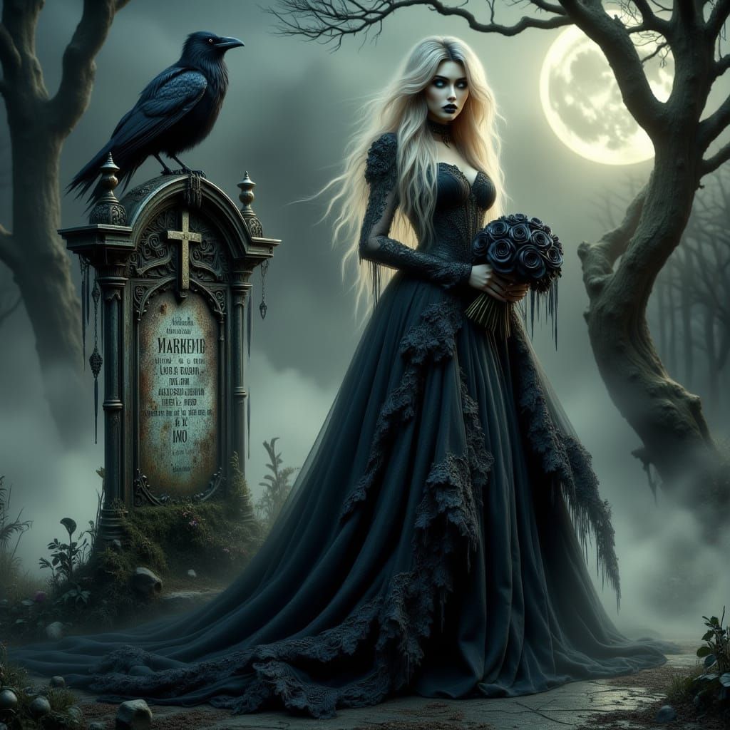 Ethereal Gothic Woman Amidst Mournful Cemetery