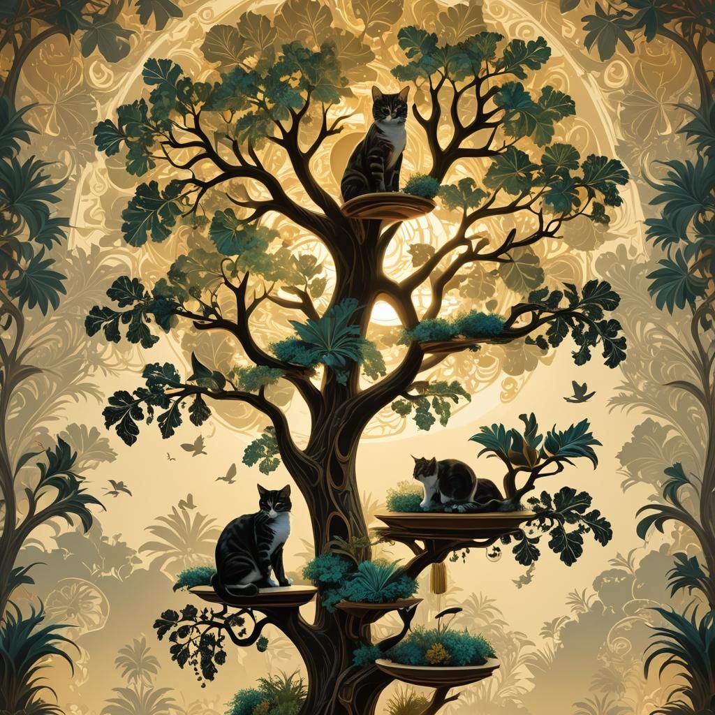 Fractal Rorschach Art: Elegant Cat Tree with Birds