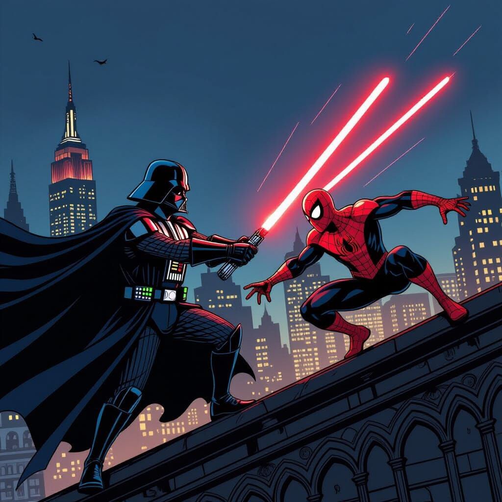 Darth Vader vs Spiderman on Rooftop, Comic Book Style
