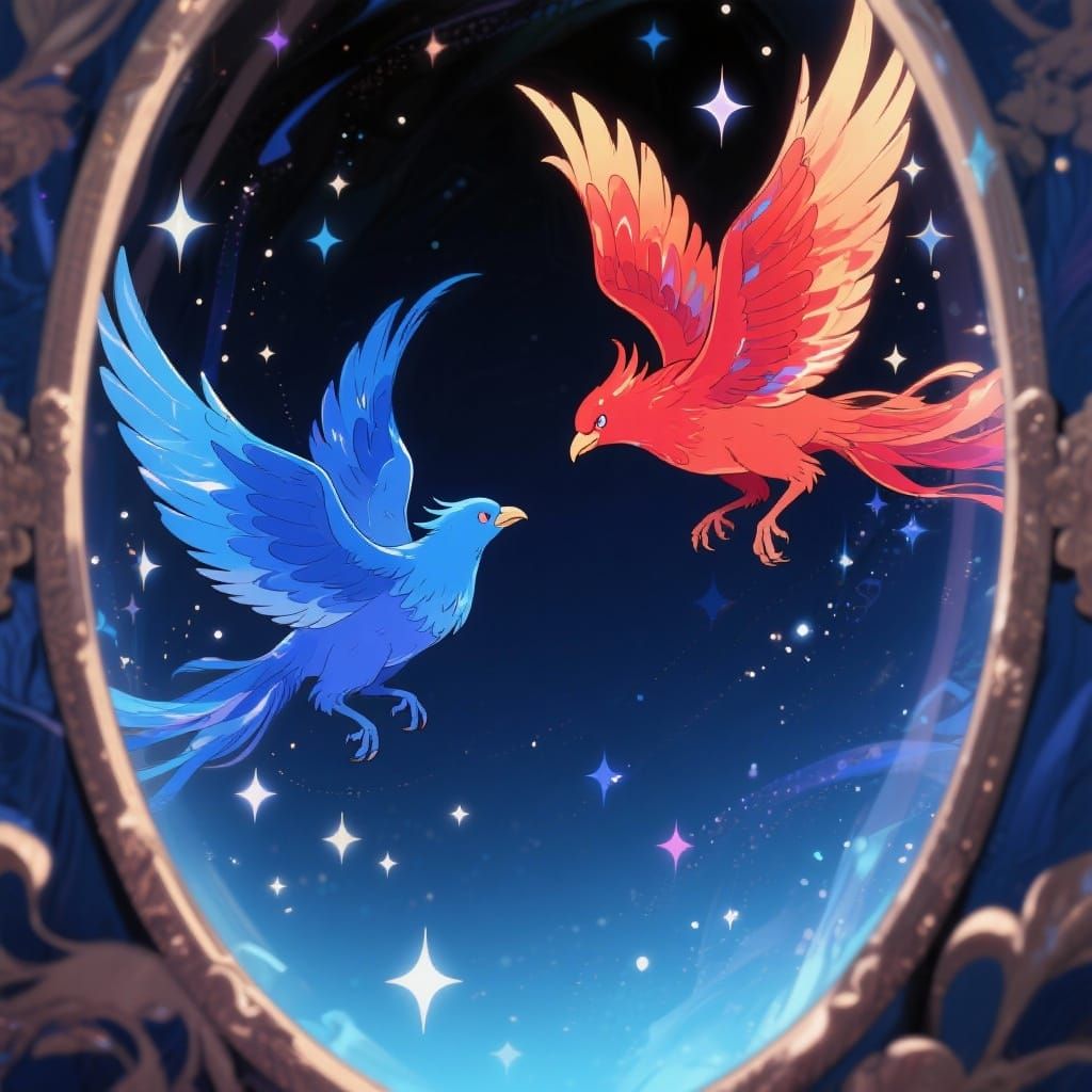 Magical Phoenixes Soar Through Starry Sky in Anime Style