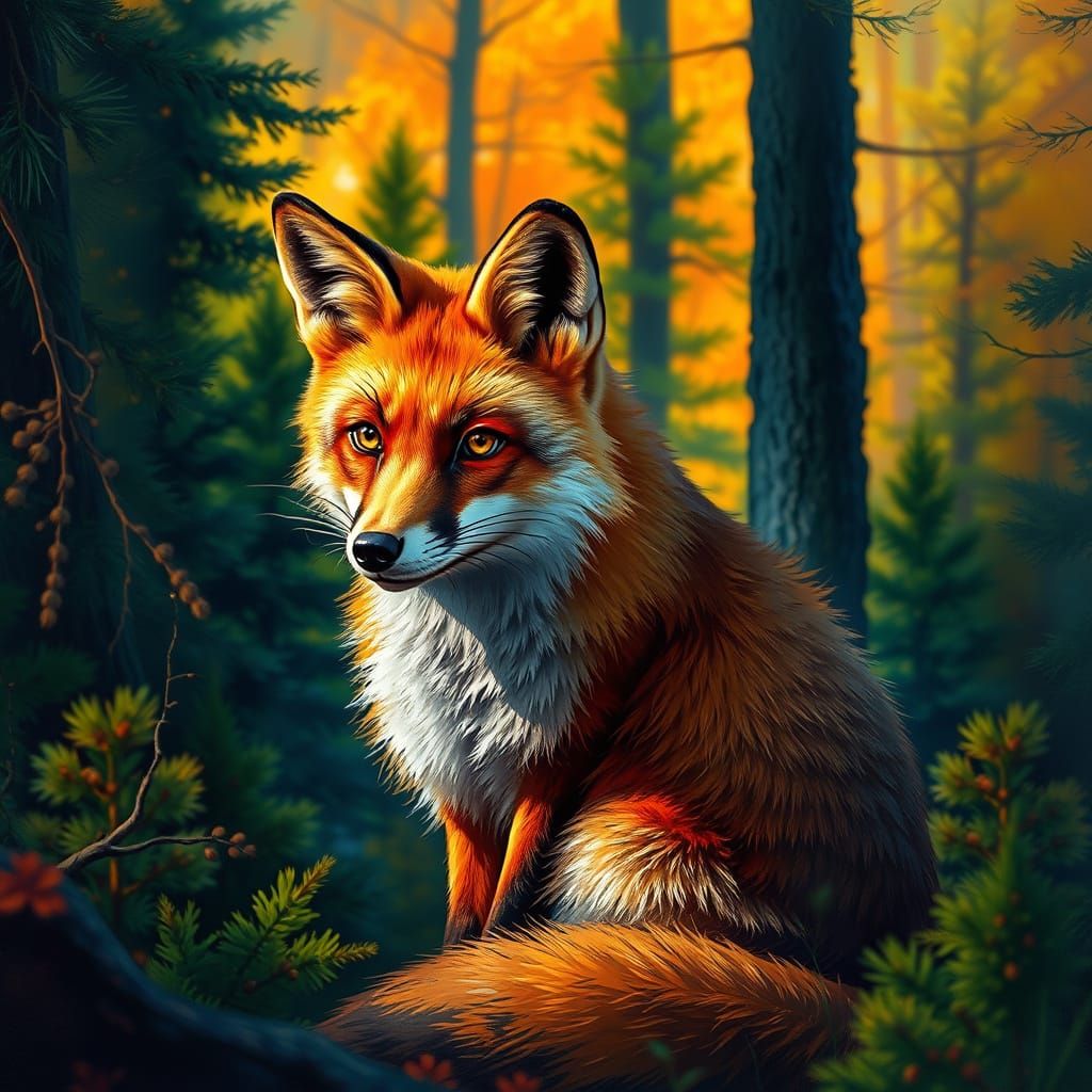 Red Fox in Coniferous Forest, Hyperrealistic Splash Art