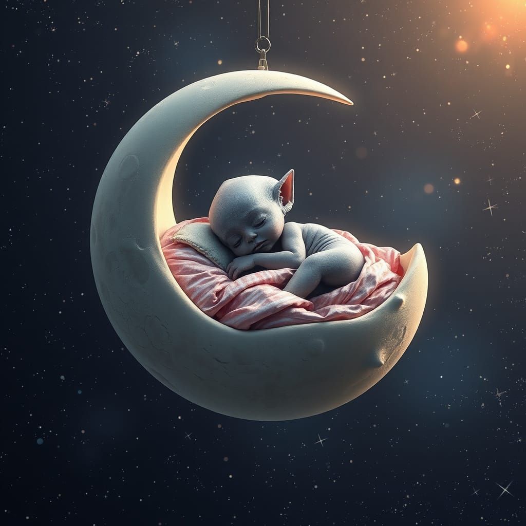 Baby Alien in Moon Cradle, Photorealistic Sci-Fi