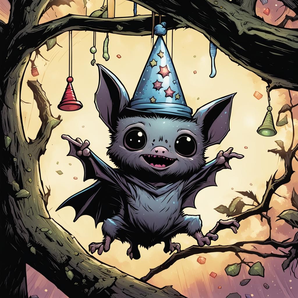 Baby Bat Celebrates in Comic Book Art Style