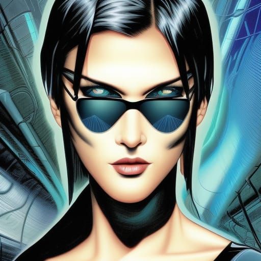 Cyberpunk Woman with Mirrored Lenses Comic Art