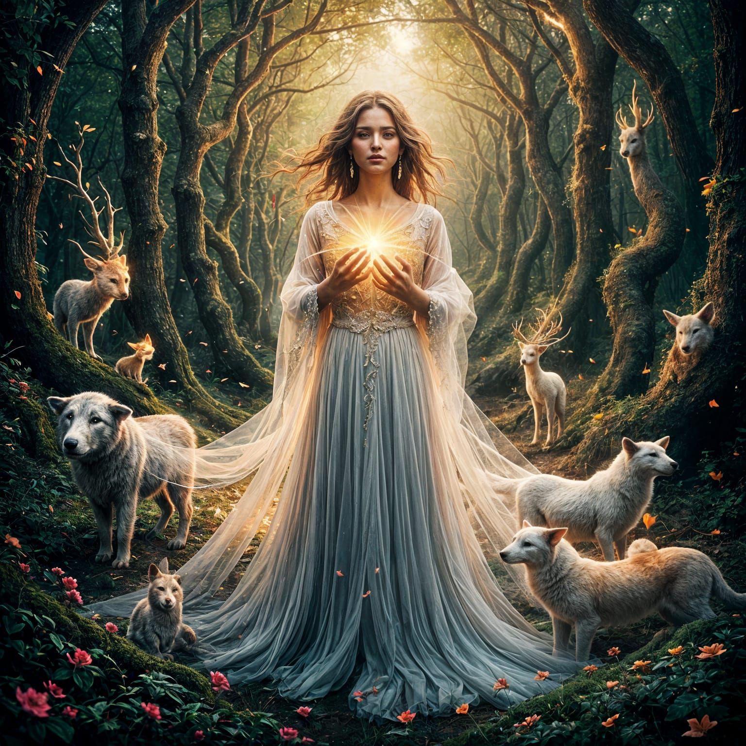 Ethereal Woman Radiating Love in Enchanted Forest