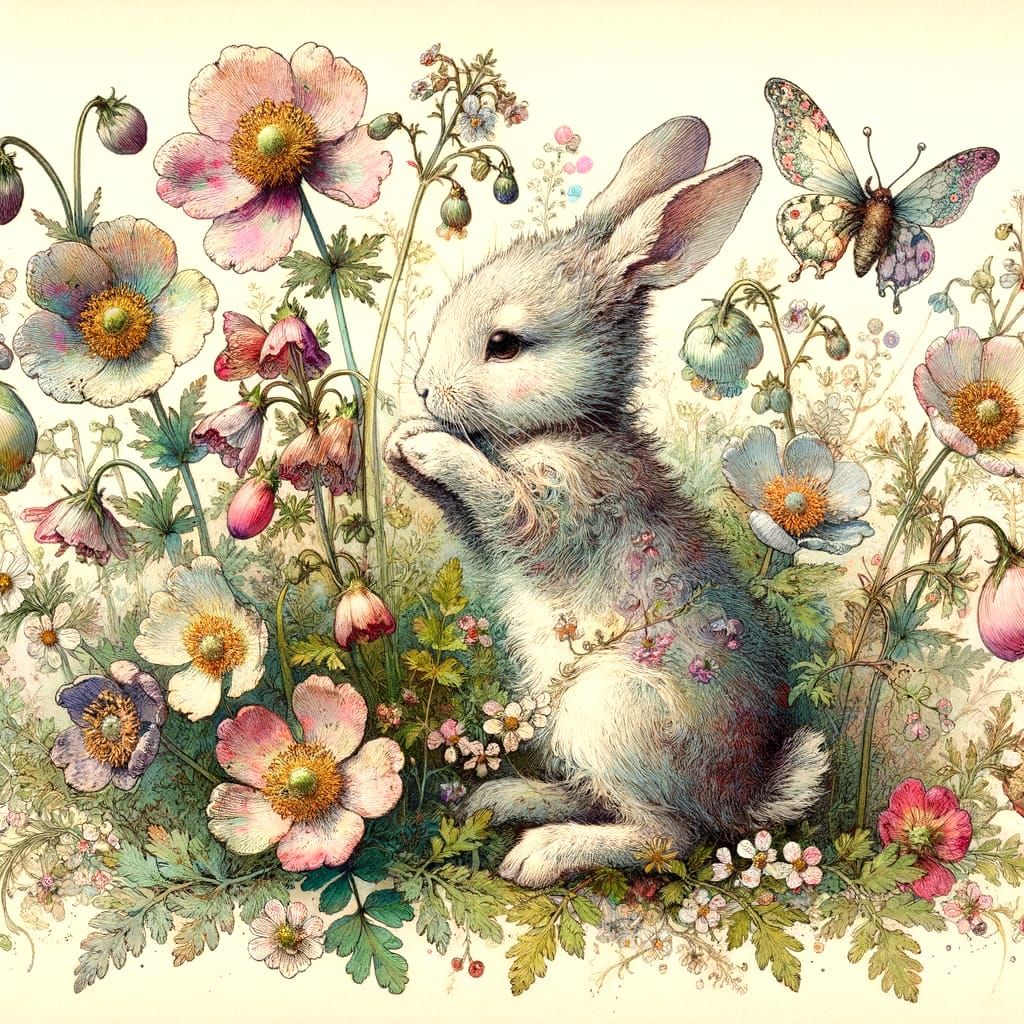 Whimsical 19th Century Botanical Illustration with Winged Ra...