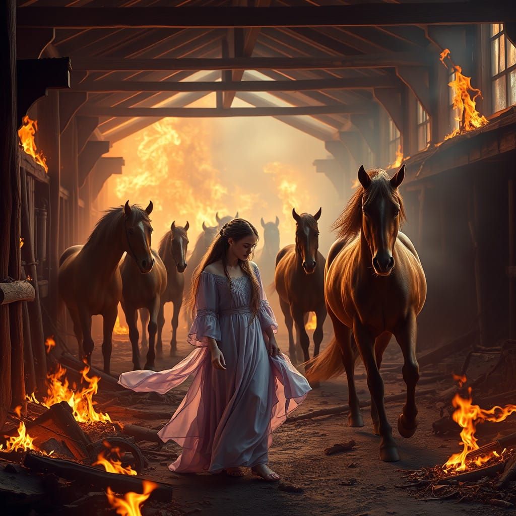 Ethereal Maiden Weeps Amidst Burning Stable