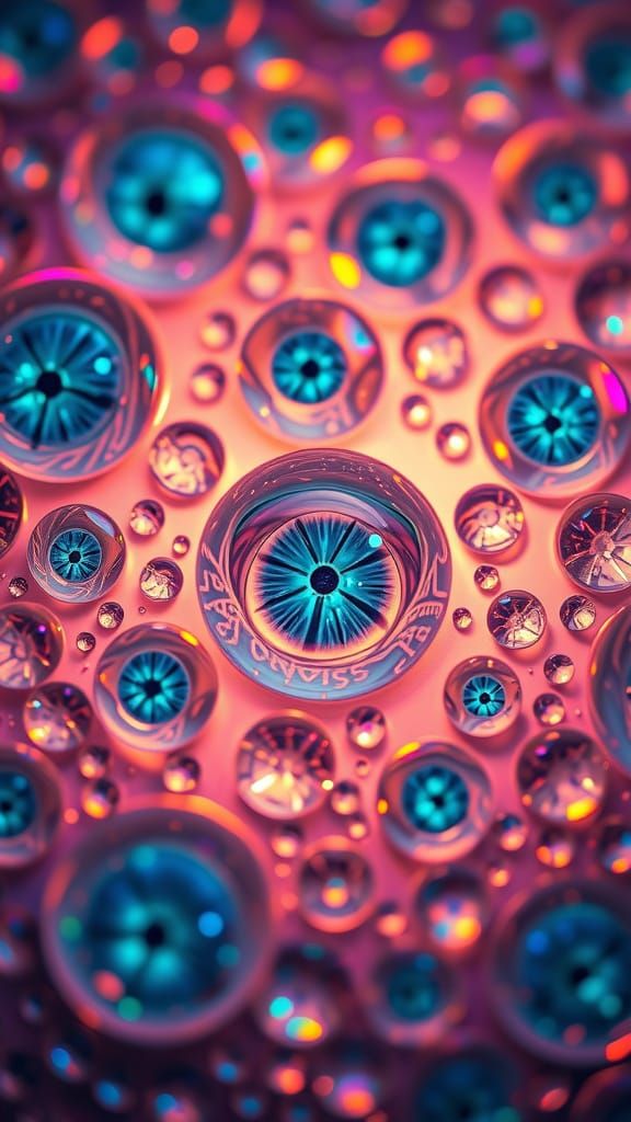 Ethereal Water Droplets with Opal Eyes in Iridescent Pattern...