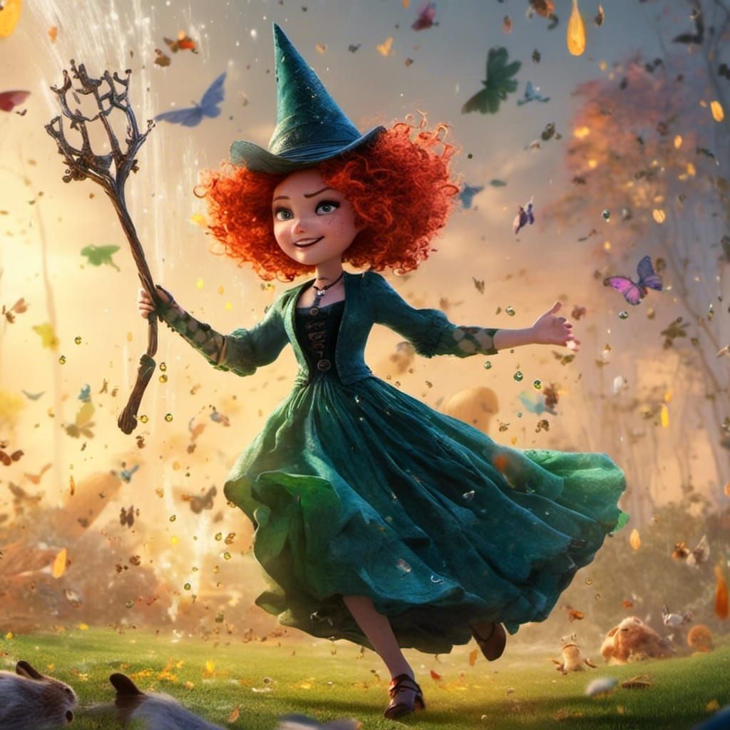 Childish Witch Dancing with Water Spell, 3D Digital Art