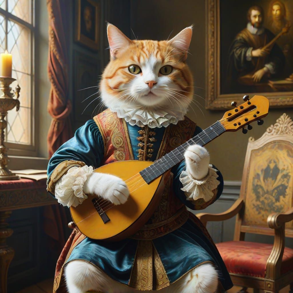 Renaissance Feline Virtuoso in Elegant Regalia