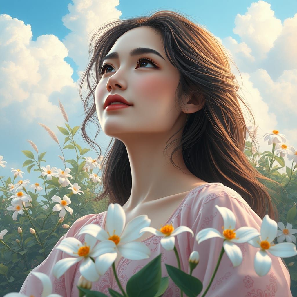 Ethereal Woman in Jasmine Garden, Fantasy Concept Art