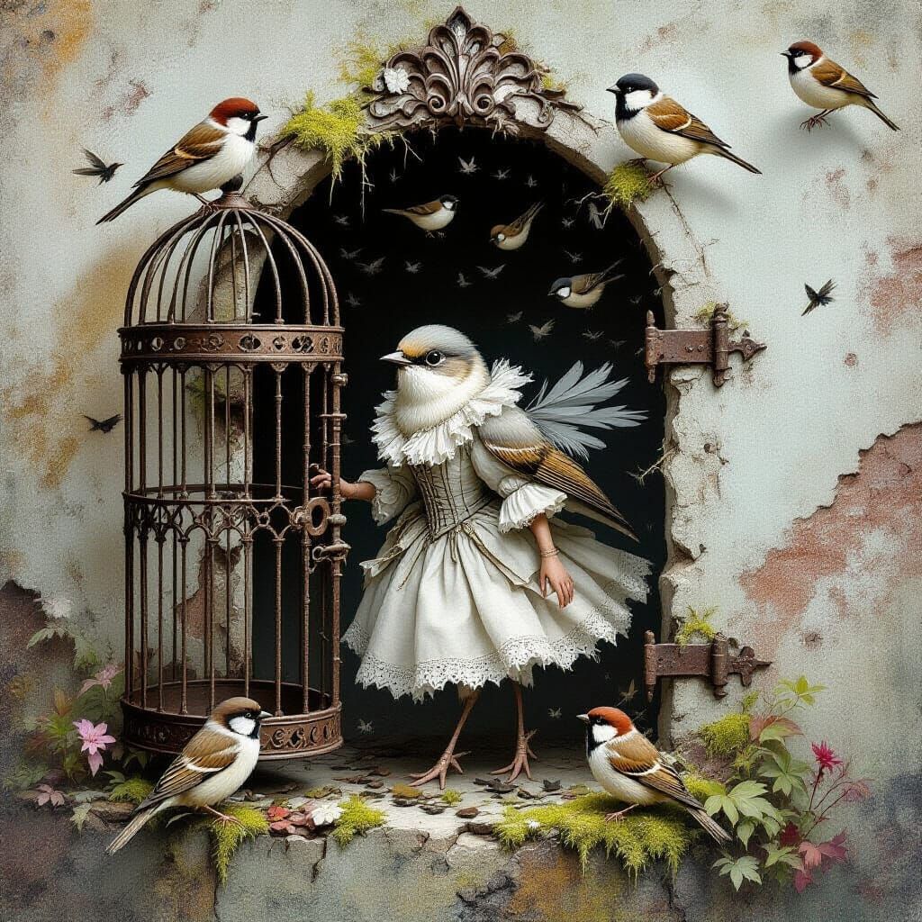 Victorian Bird Escapes Cage in Gothic Fairy Tale Style