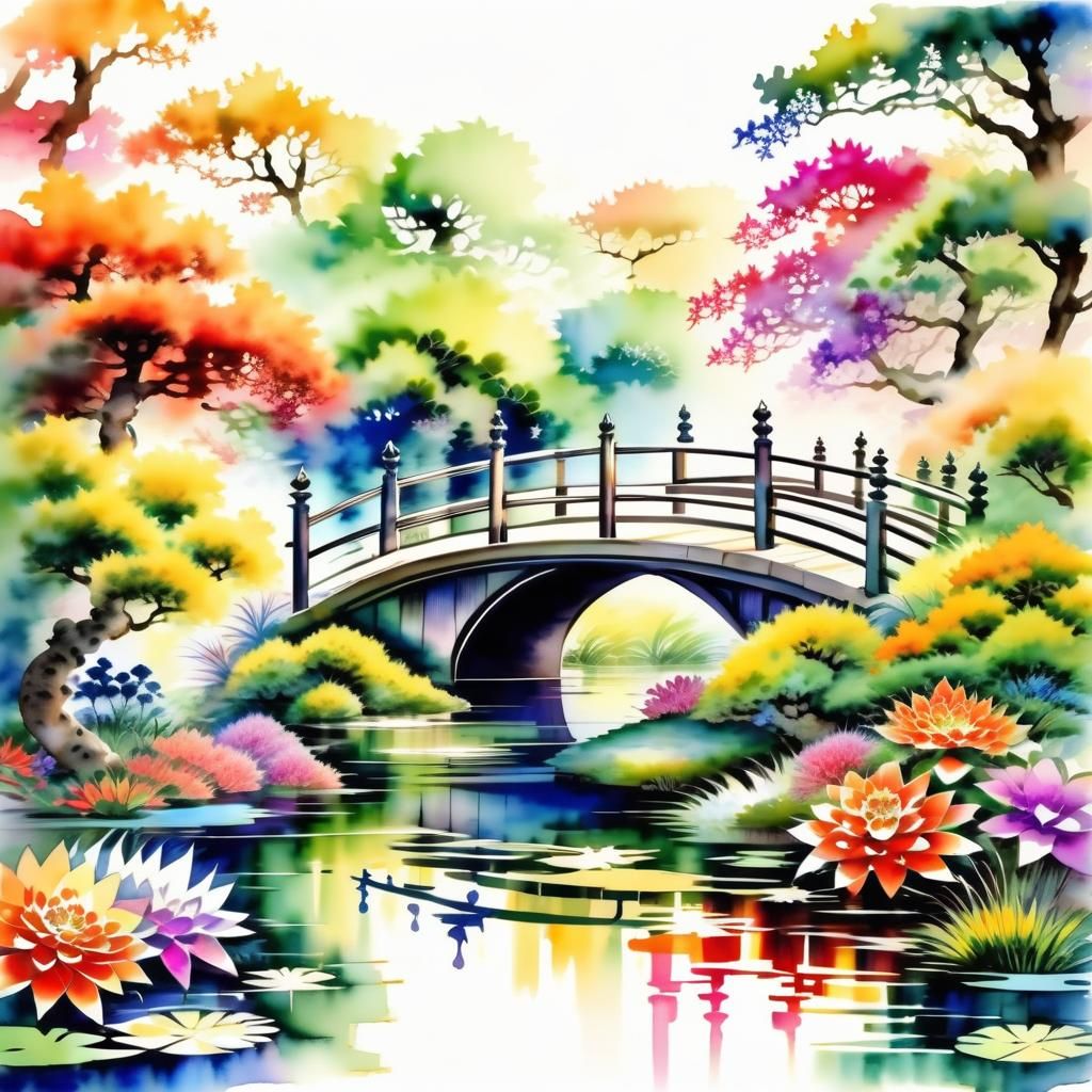 Fractal Exotic Elegance, colorful garden, pond, Japanese bri...