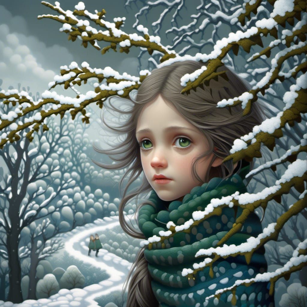 Melancholic Girl in Snowy Winter Landscape