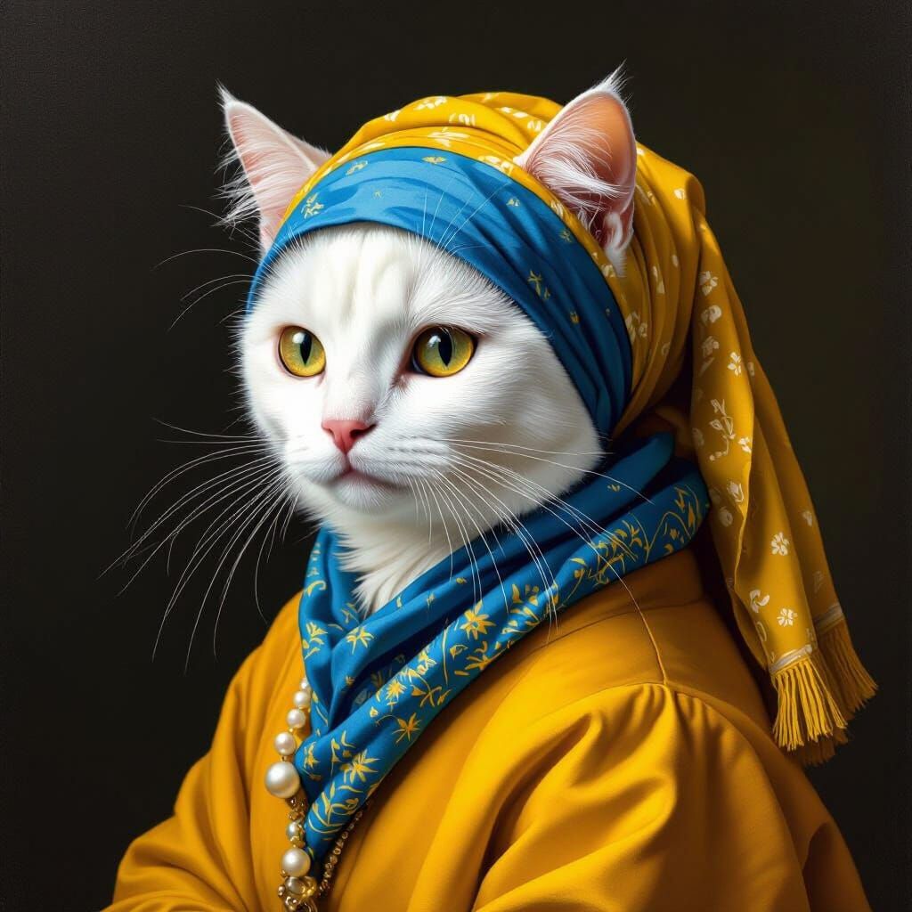 Cat Portrait in Vermeer Style with Headscarf