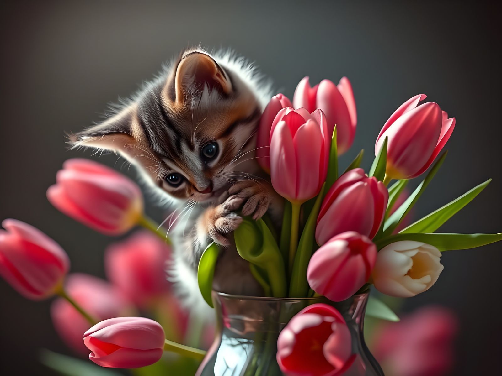 Whimsical Kitten Discovers Vibrant Tulip Bouquet in Elegant ...