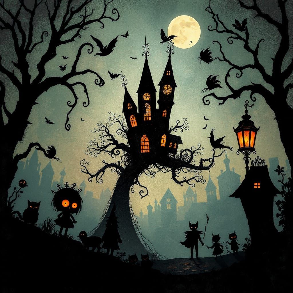 Whimsical Gothic Dreamscape in Dark Ink and Vibrant Color