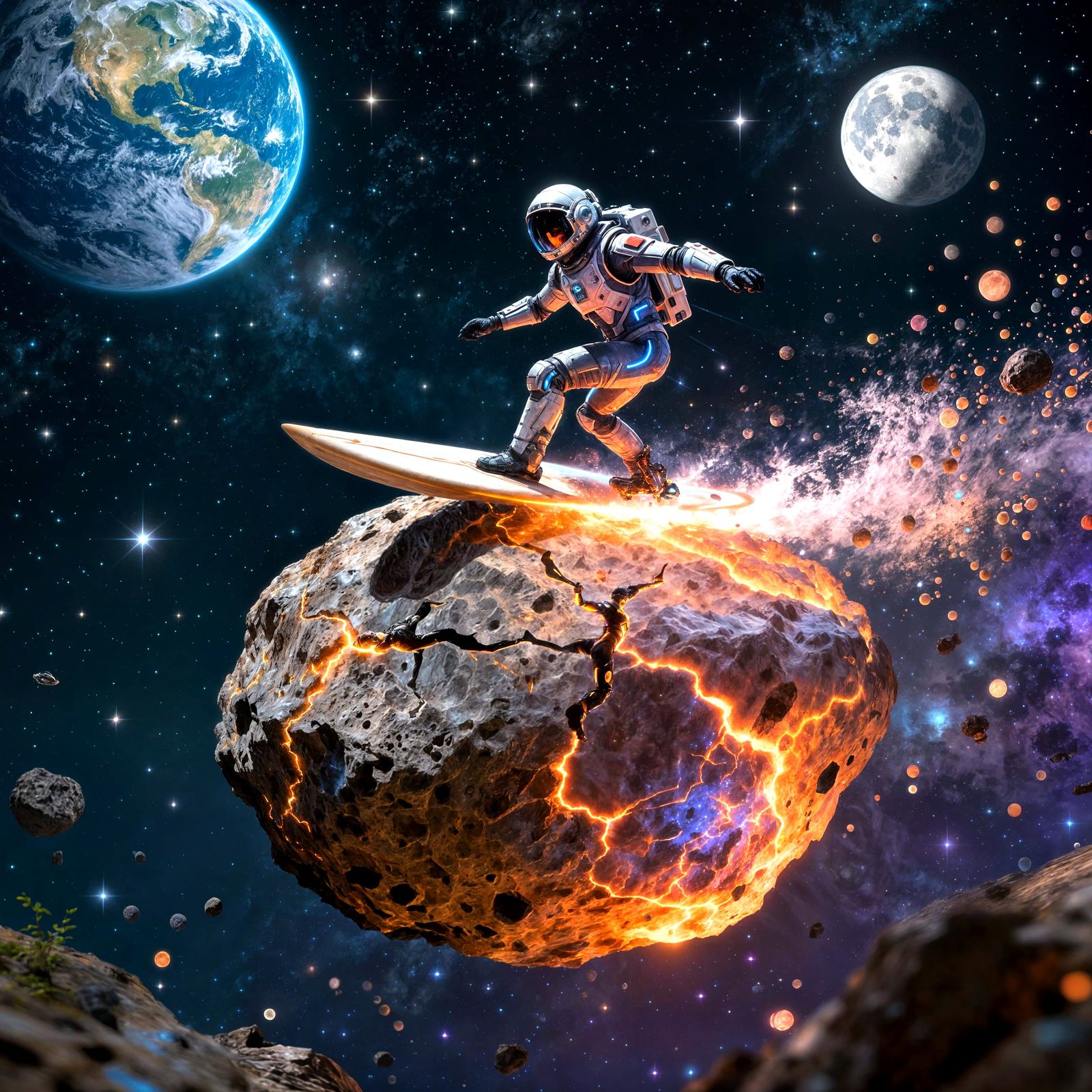 Space Surfer Rides Asteroids Above Earth and Moon in Starry ...