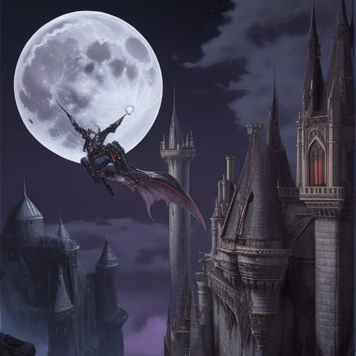 Cyberpunk Dracula Flying over Castle at Full Moon