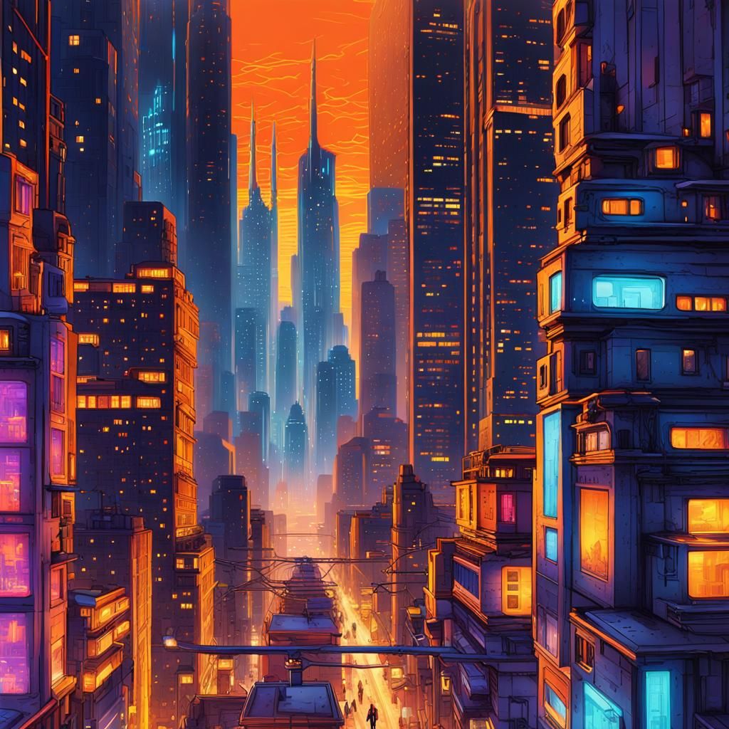 Retrofuturistic Cityscape in Comic Book Style