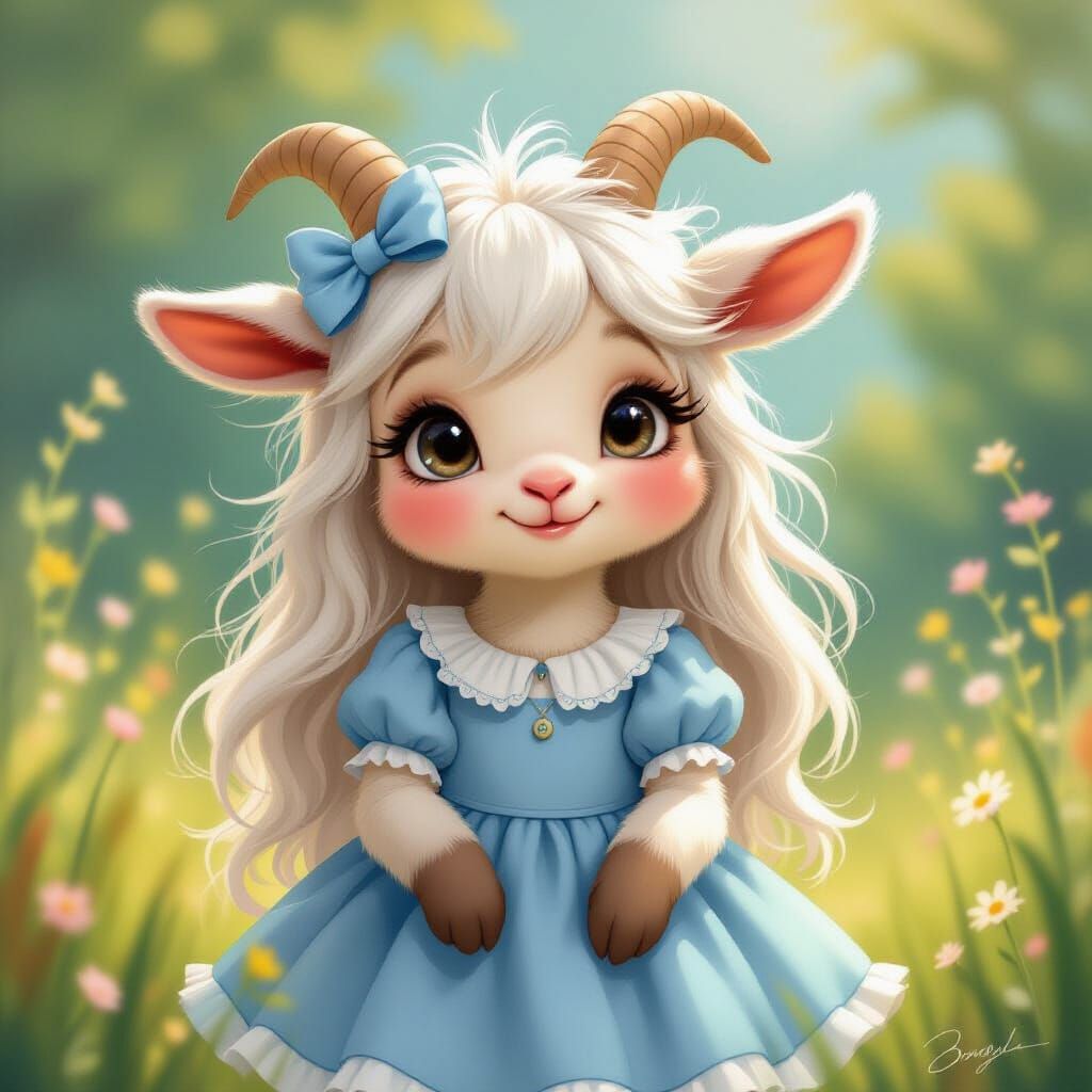 Adorable Goat Girl in Whimsical Storybook Style