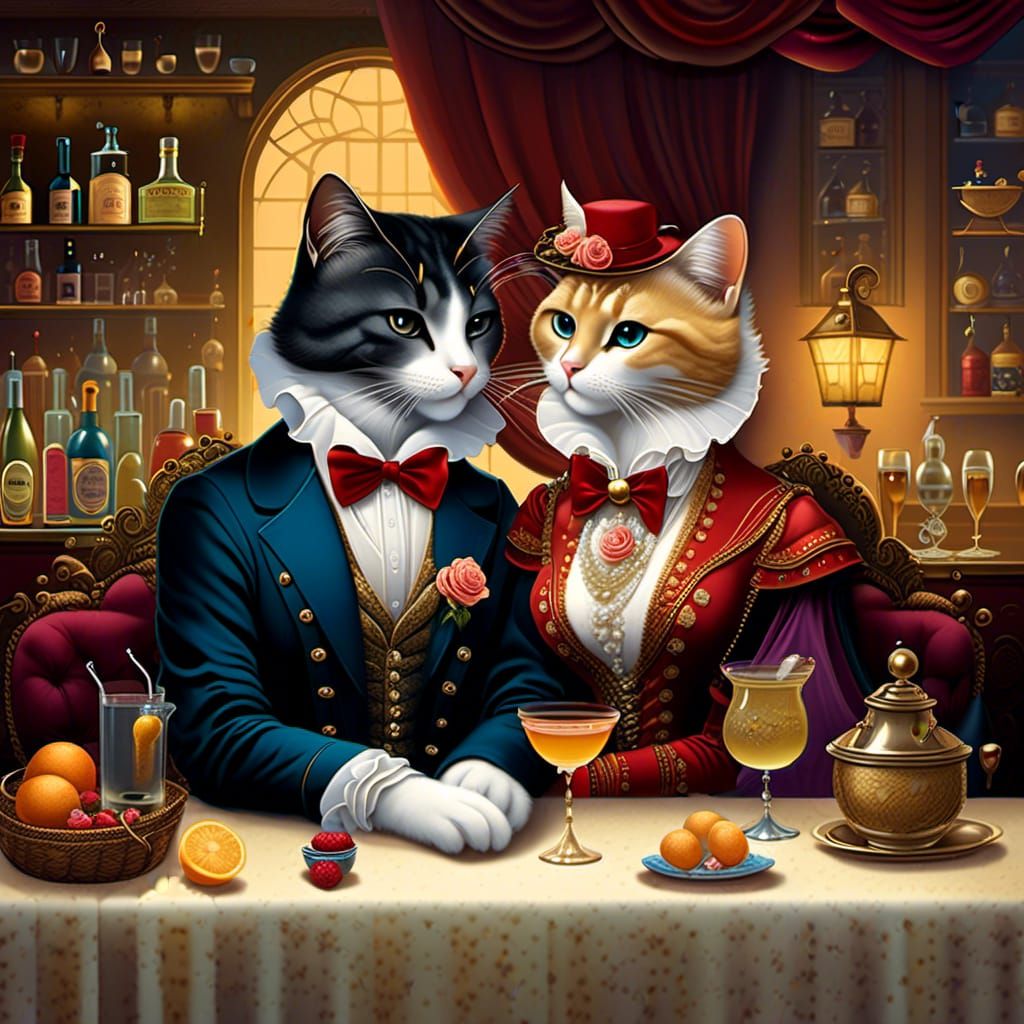Anthropomorphic Cat Couple on Date at Bar