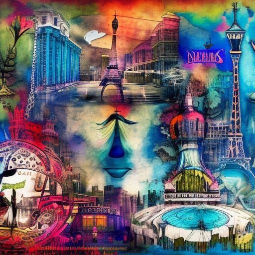 Las Vegas Collage in Mixed Media Style