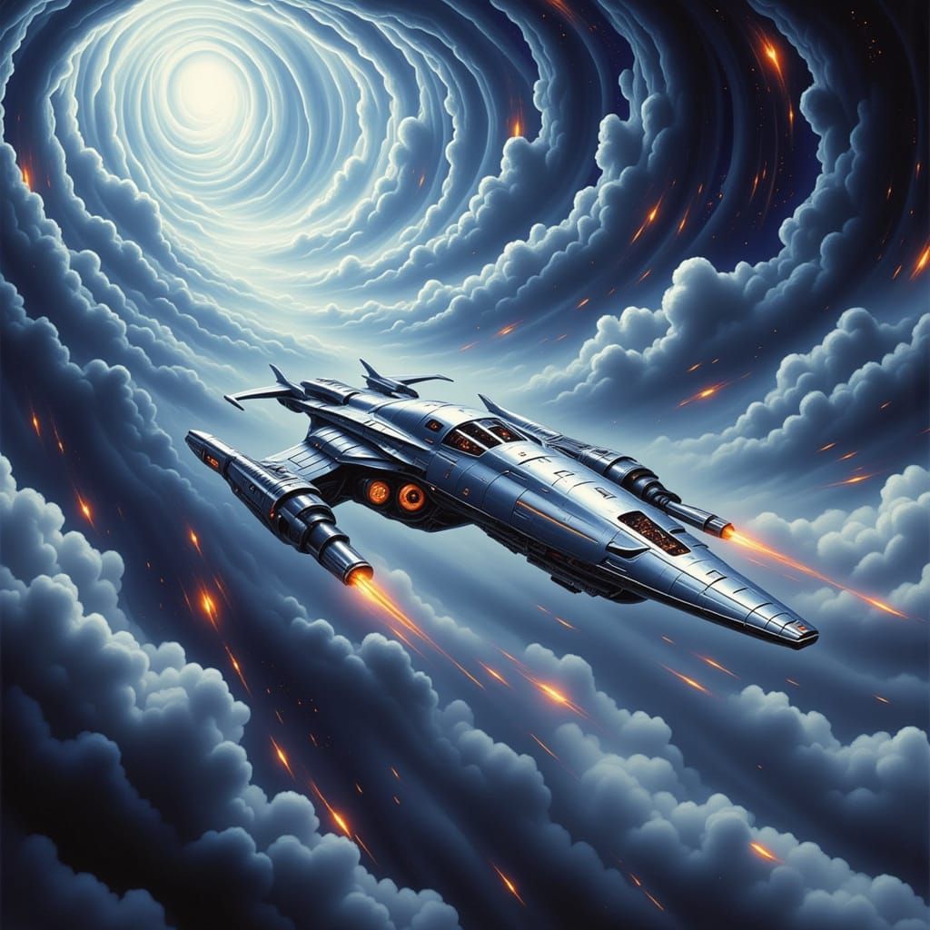 Ultra Futuristic Sci-Fi Flying Machine in Celestial Storm