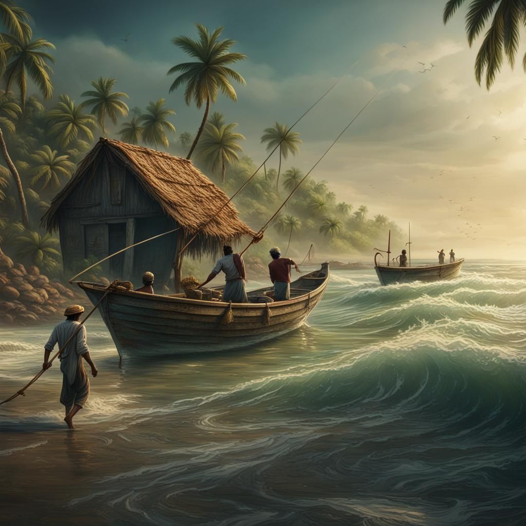 Fisherman Ventures to Sea: Detailed Matte Painting