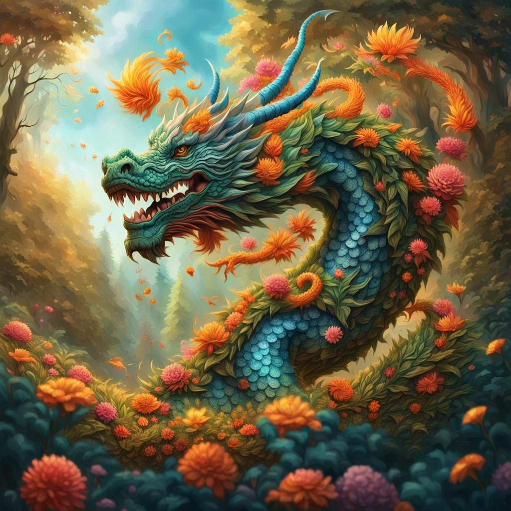 Floral Dragon Coils Through Forest: Hyperrealistic Digital A...