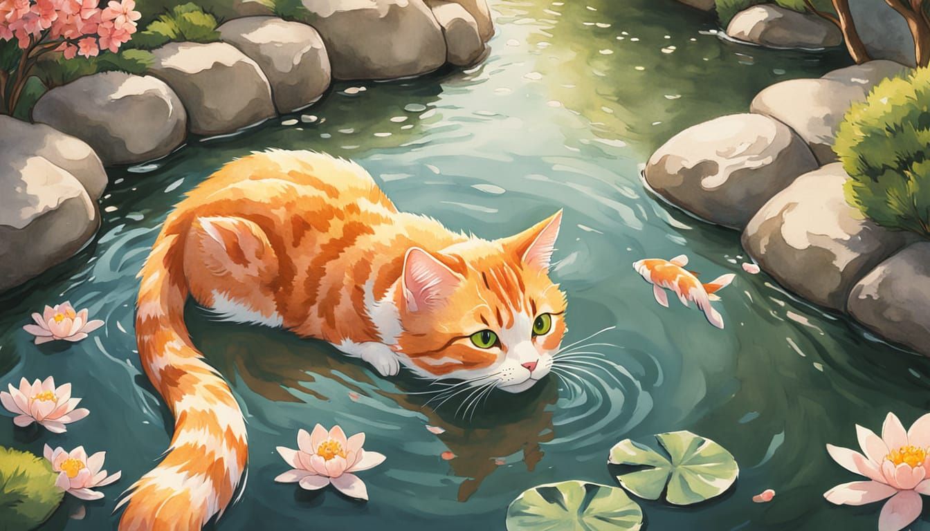 Orange Tabby in Japanese Garden, Anime Style