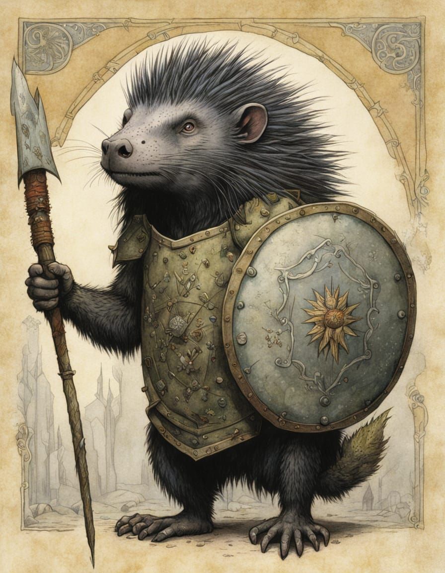 Porcupine Warrior with Medieval Shield in Children's Book St...